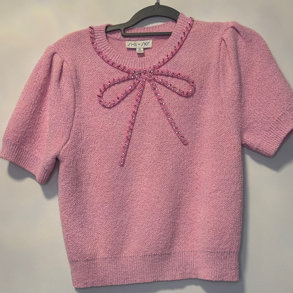 She + Sky Pink Beaded Bow Short Sleeve Sweater - Picture 3 of 6
